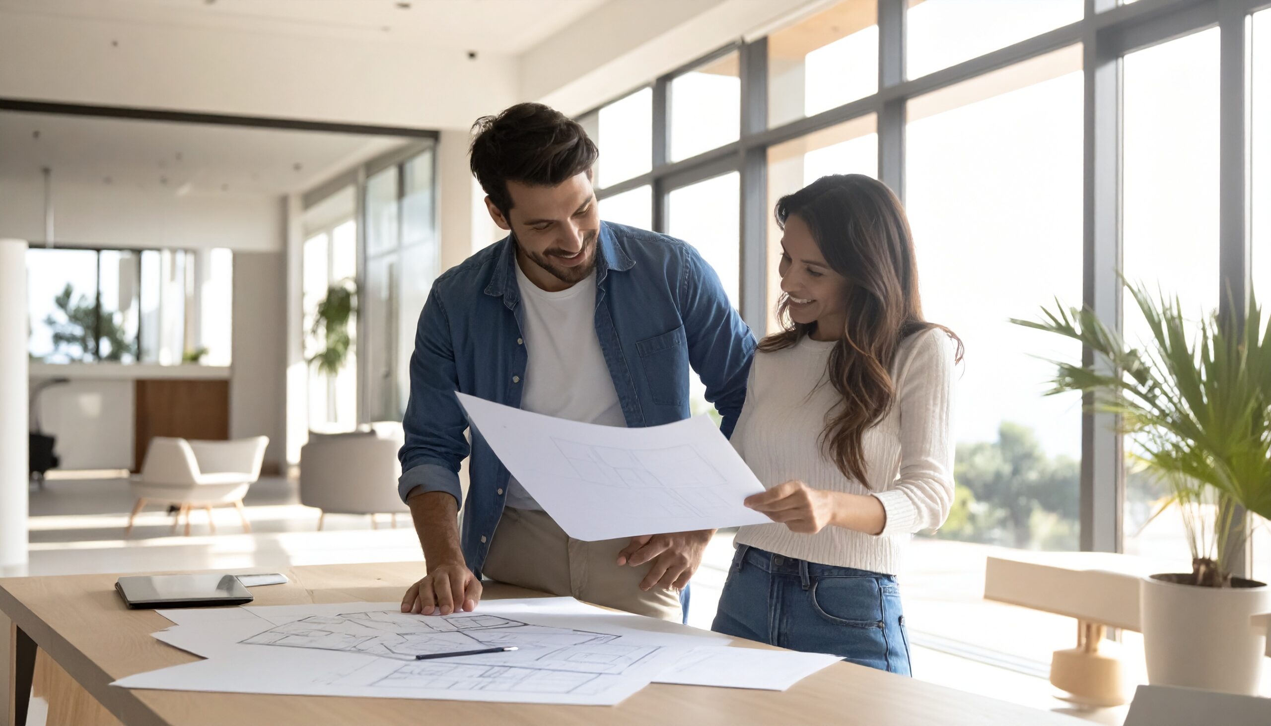 Pareja consultando con arquitecta sobre promoción de viviendas en oficina moderna deAlmerí